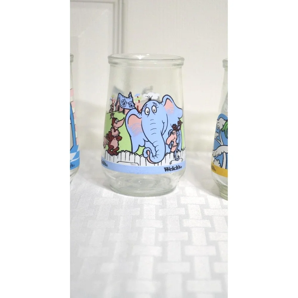 Vintage 1996 Welch Cat in The Hat Glass Jelly Jars, Complete Set of 6 Jars